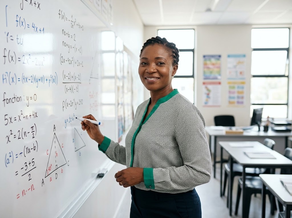 Professeure de mathématiques devant un tableau