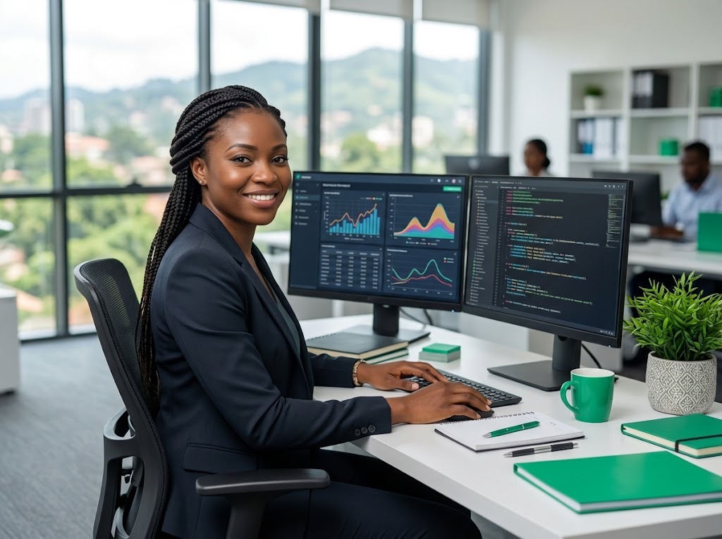Ingénieure statisticienne devant des graphiques